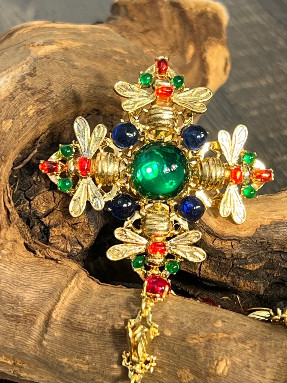 Gold Multicolor Bee Cross Pendant Statement Necklace - Green Center